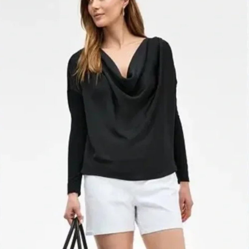 NWT Women's Black Long Sleeve Satin Top With Draped Front Cowl Neck, Small
